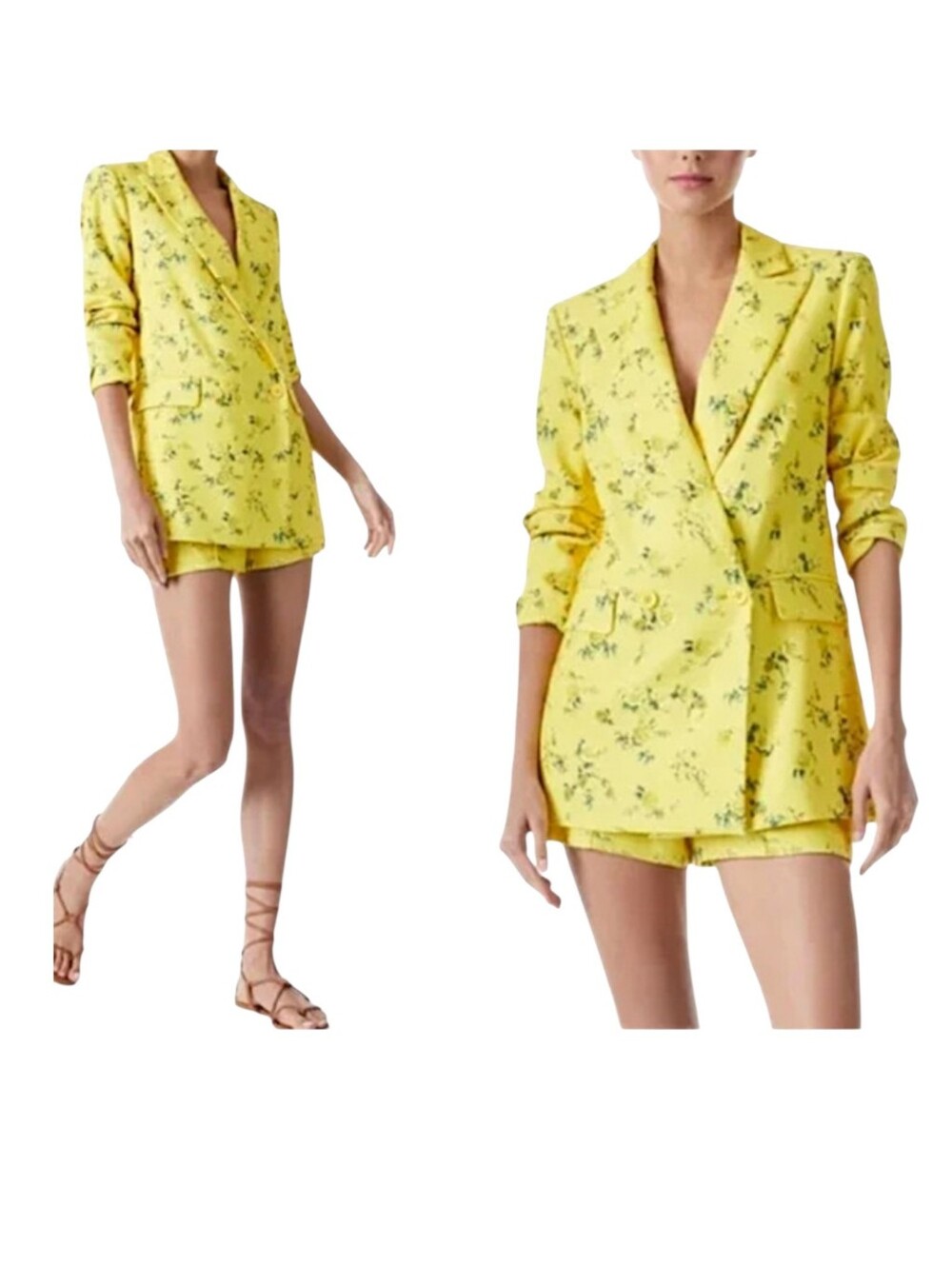 Alice‎ + Olivia Justin Rolled Cuff Double Breasted Floral Yellow Blazer Size 4